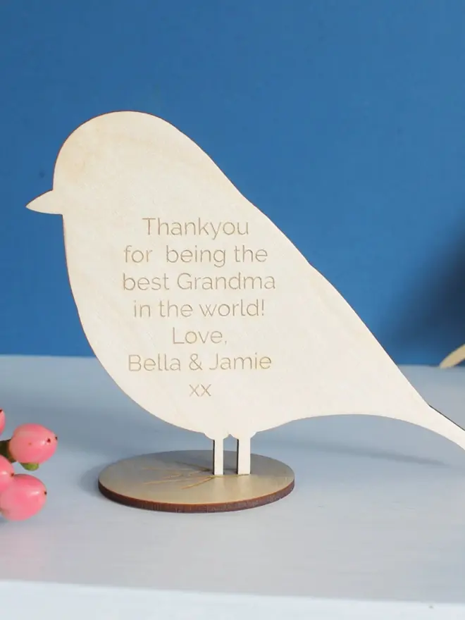 standing wooden hand painted blue tit personalised