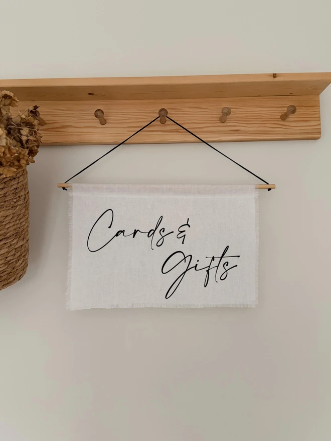 A linen cards & gifts banner for wedding gift tables.
