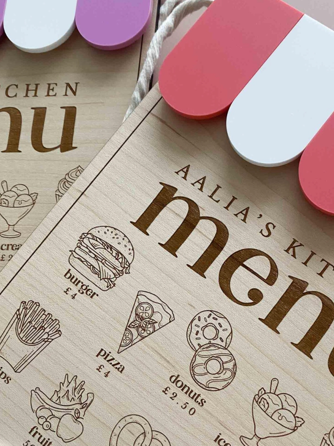 Personalised Wooden Play Kitchen Menu. Two menus in sour grape and raspberry.