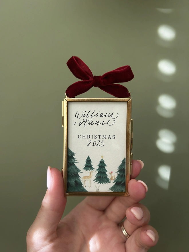 Child's Personalised 2025 Christmas Tree Decoration with Calligraphy and Tree and Animals Illustration