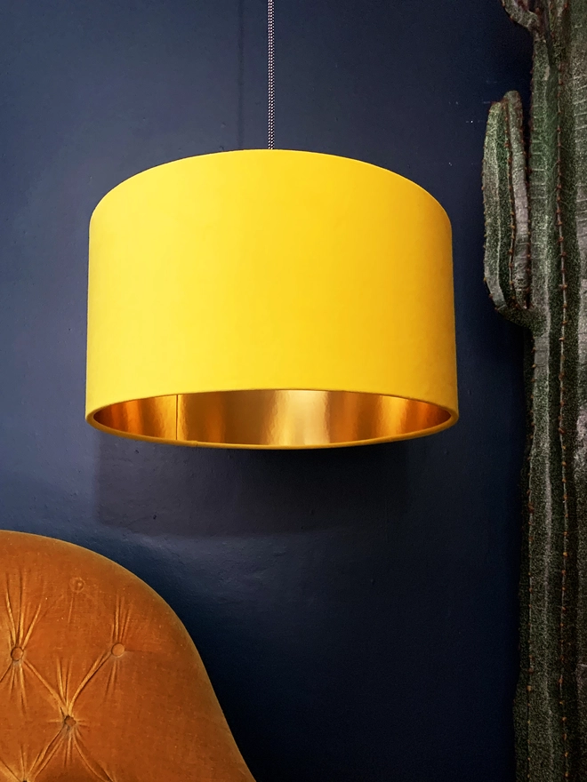 Sunset Yellow Velvet Lampshade With Gold Foil Lining.