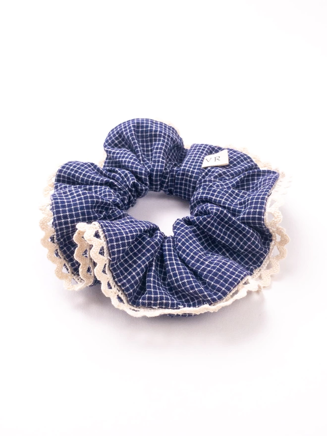 Vanessa Rose Hair Scrunchie Blue Check with lace edge