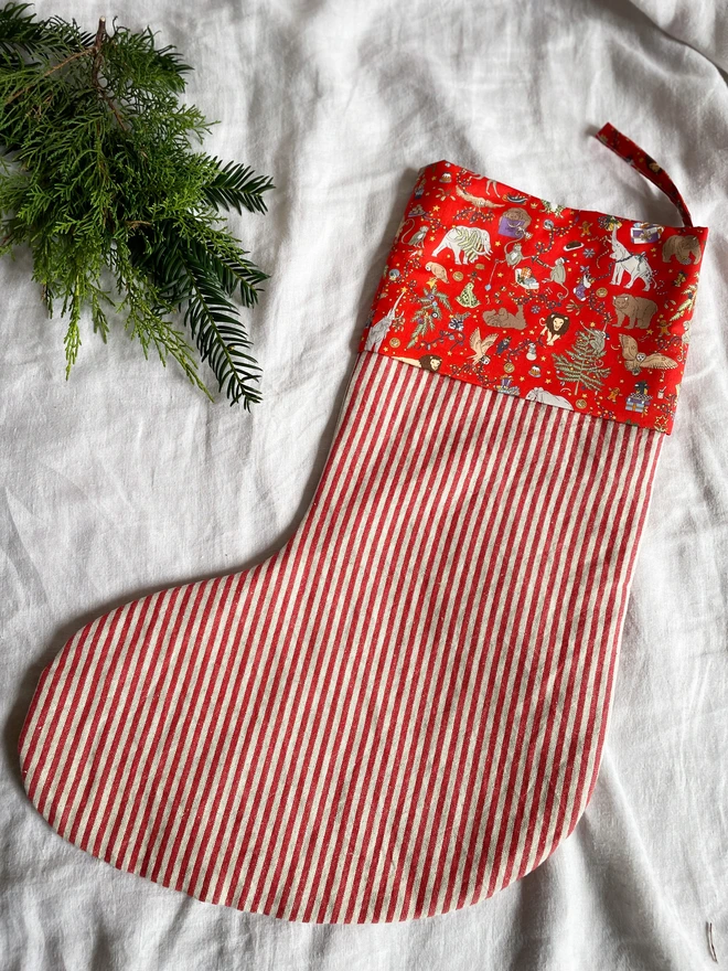 Red Stiped Linen stocking with liberty print cuff and letter