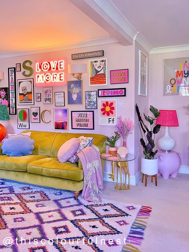 'Love More More Love' neon living room