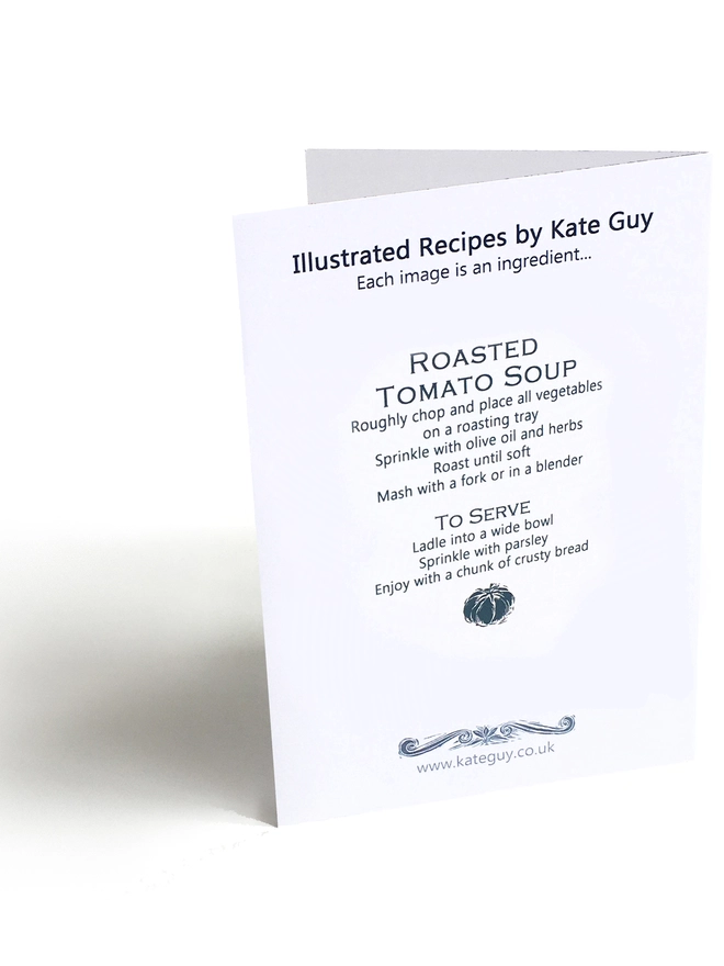 Tomato soup recipe greetings card back linocut by Kate Guy