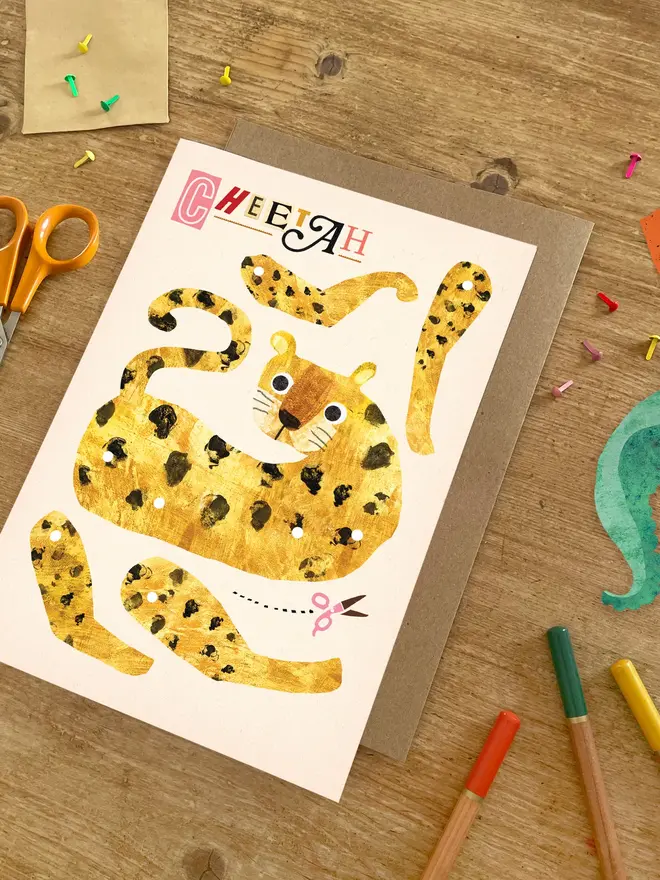 cheetah split pin puppet card