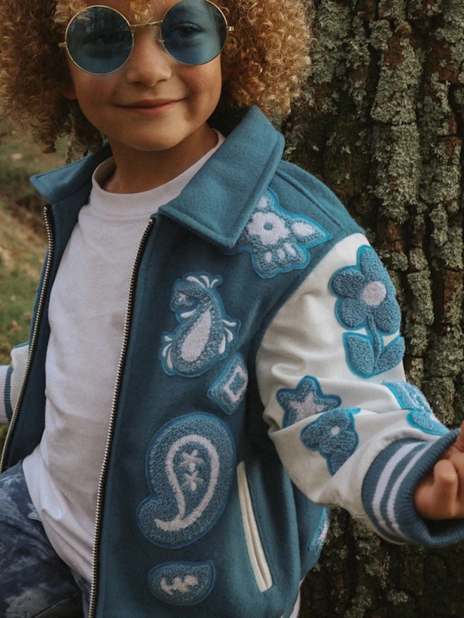 Wool & Leather Boho Front Zip Newark Blue Jacket 