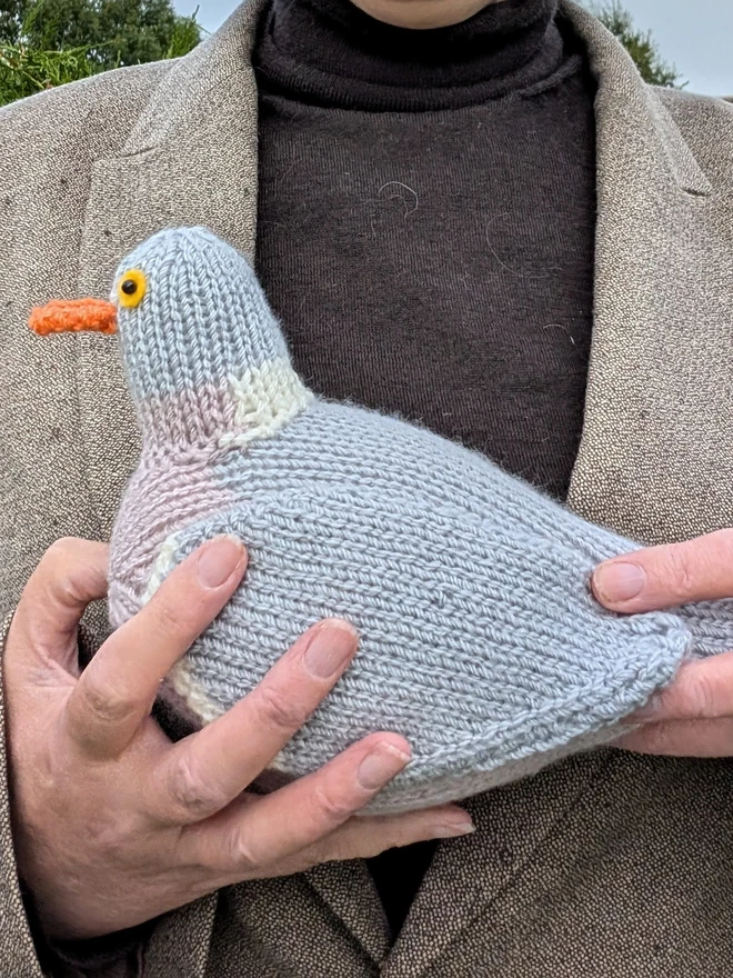 knitted wood pigeon designed by Nicky Stewart being held by the designer