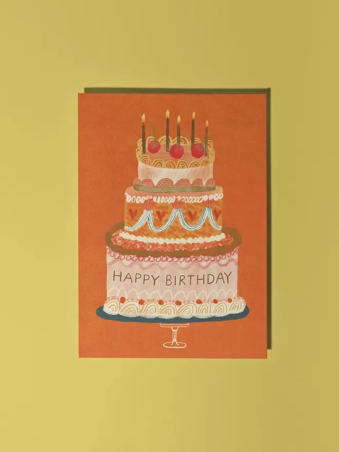 Happy birthday greeting cards pack of 6 orange background with cake on the front, blank inside 