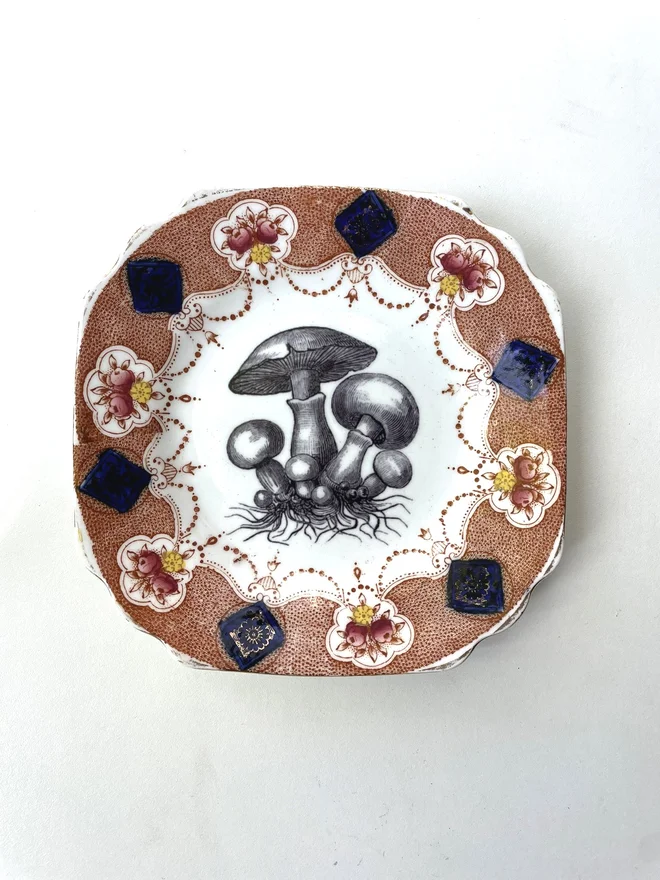 vintage plate with an ornate border, with a printed vintage illustration of mushrooms in the middle