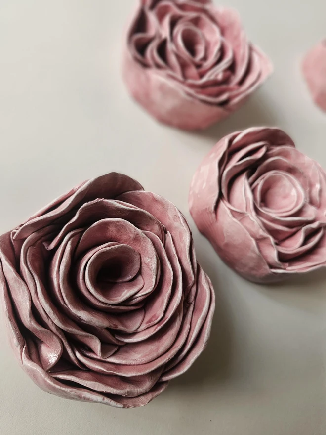 pink glaze ceramic rose flower handmade pottery wall decor art sculpture 