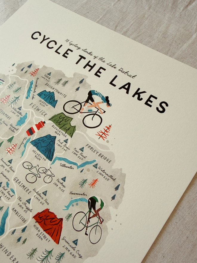 Cycle the Lakes map print close up