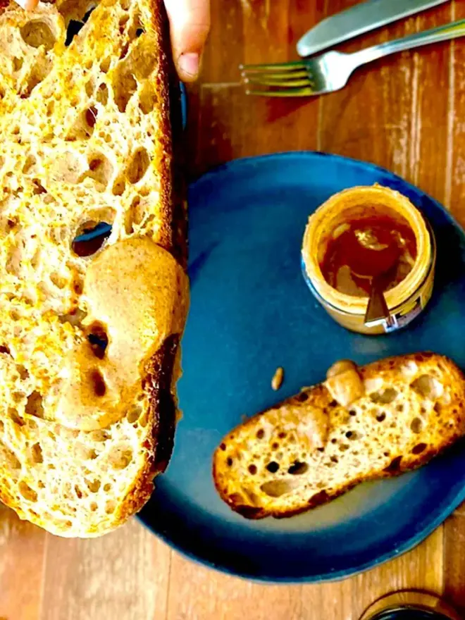 Almond & Hazelnut Praline Spread, on toast. 