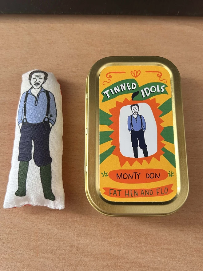 Mini illustrated fabric figure of Gardener's World presenter, Monty Don with a keepsake tin.