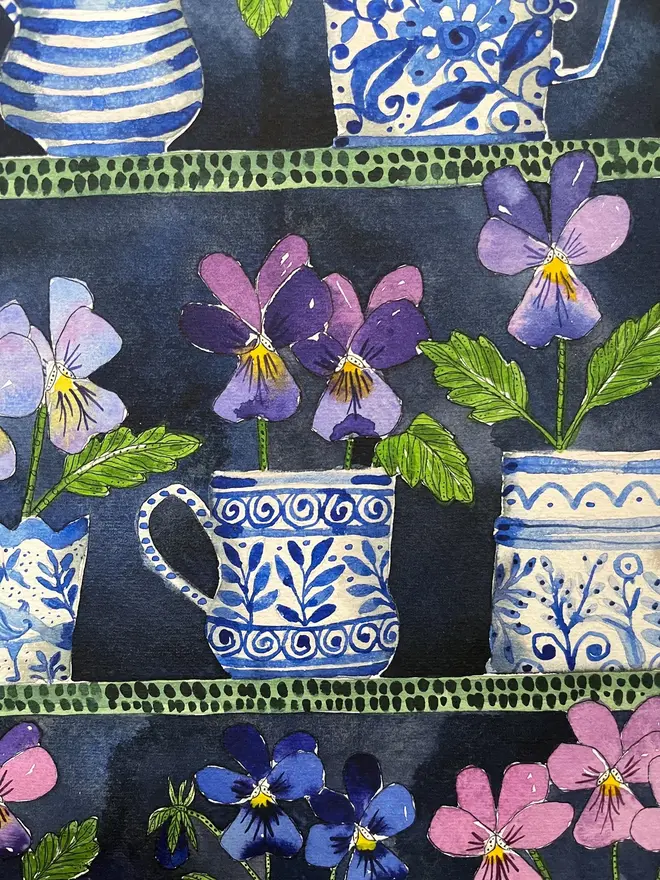 violas in delftware, ceramic cups & mugs print
