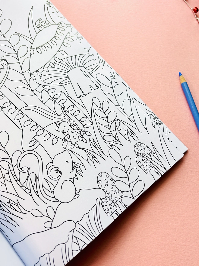 Single-sided colouring page featuring winter woodland animals celebrating Christmas.
