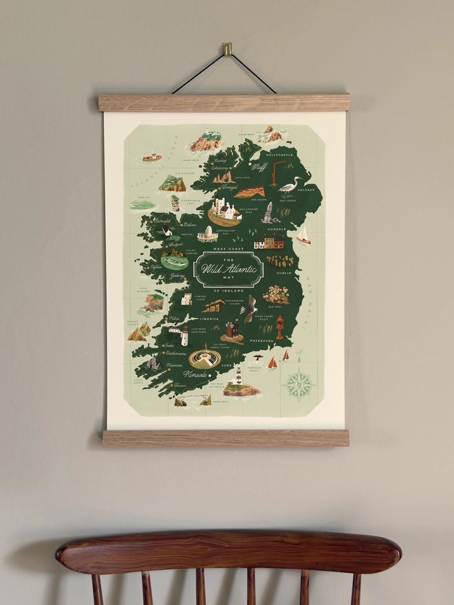 Wild Atlantic Way Map Print Framed on a wall