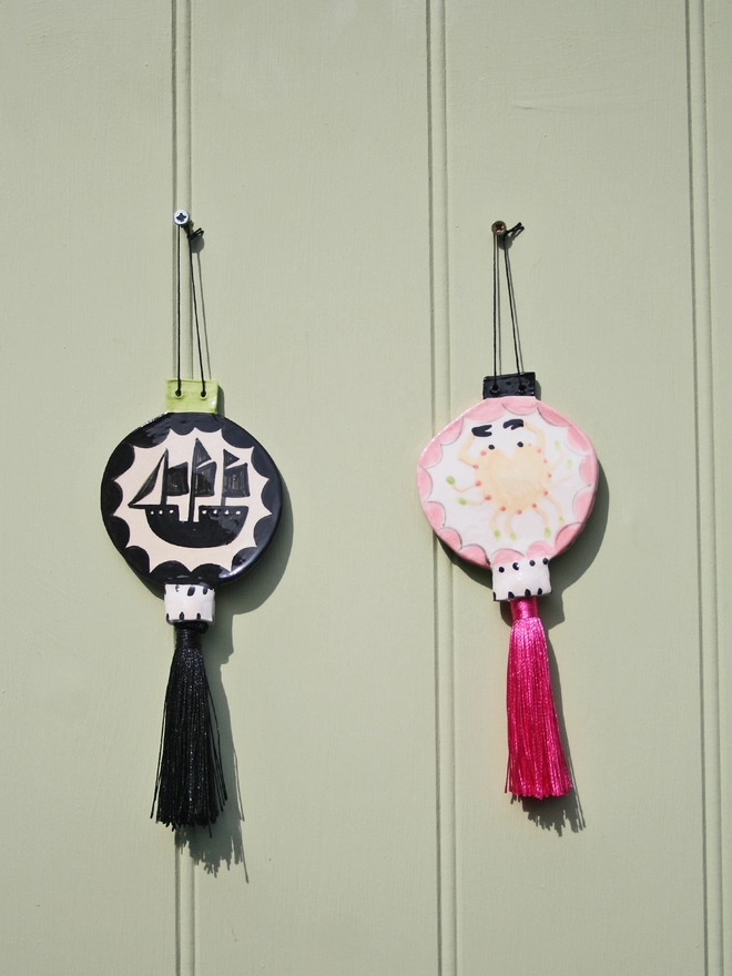 Ceramic double sided seaside lantern with crab and ship silhouette decorative hanging ornament 