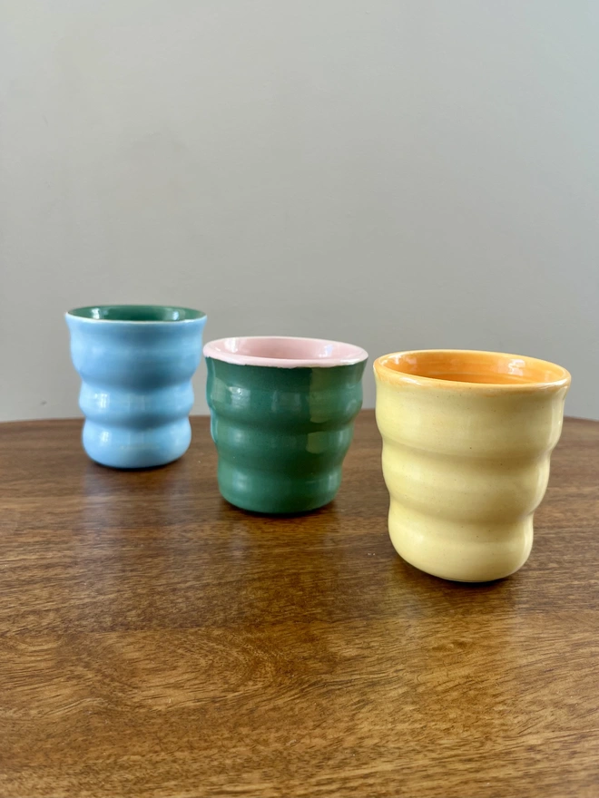 3 ceramics tumblers in colourful shades, sky blue, forest green and butter yellow