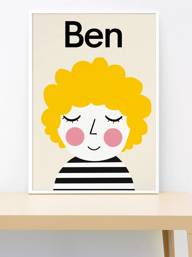 Illustrated personalised portrait of a child with curly yellow hair and a striped top