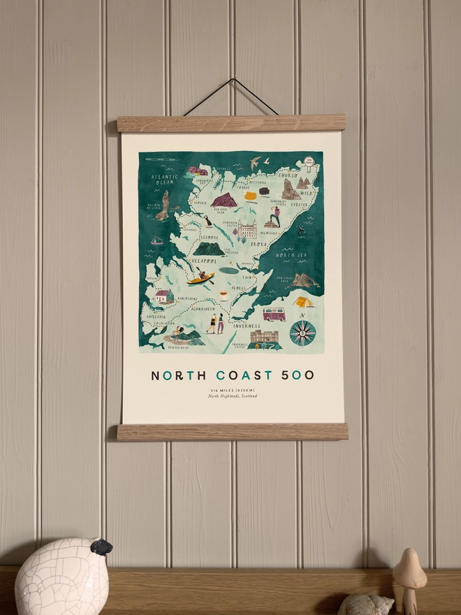 North Coast 500 print framed against a panelled wall