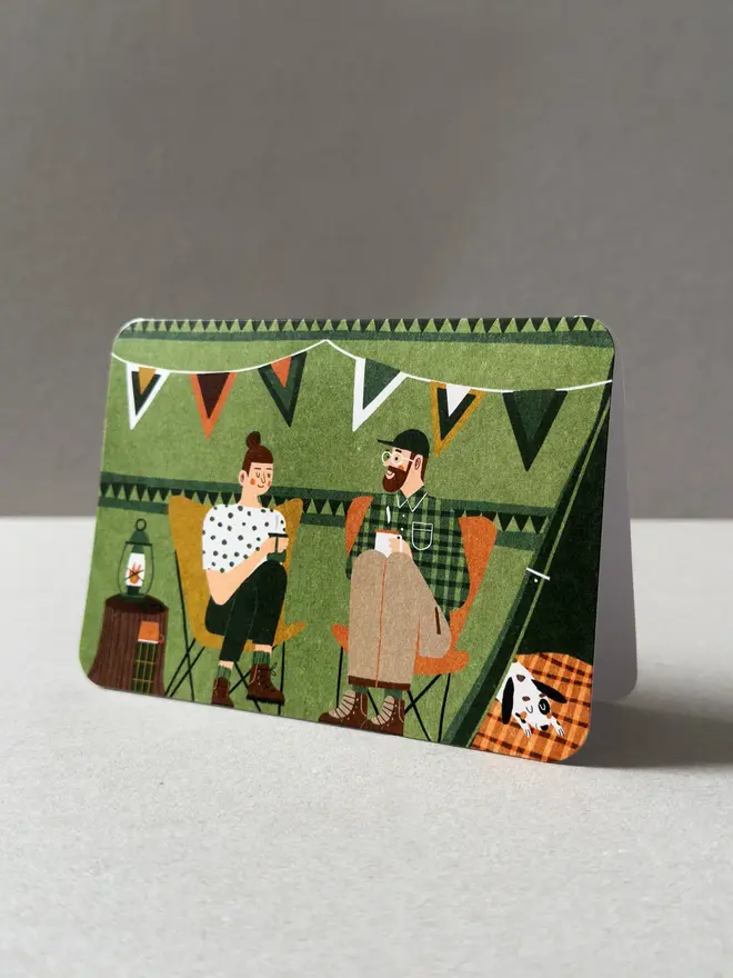 illustrated greetings card green tent camping couple