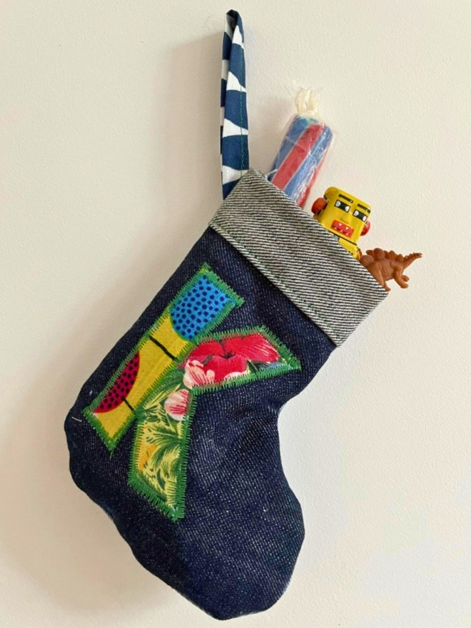 Mini denim Christmas stocking tree decoration