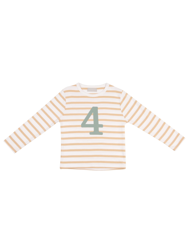 Biscuit & White Breton Striped Number 4 T Shirt (Green)