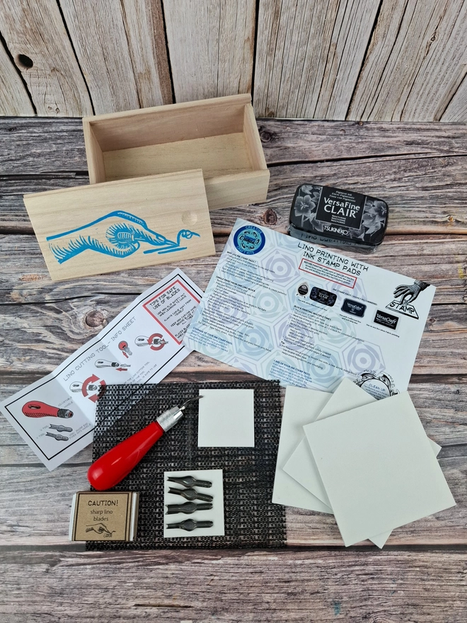 Lino stamp carving & block printing kit in Wooden box for printing on paper with versafine clair ink pad and pack of mastercut soft white lino
