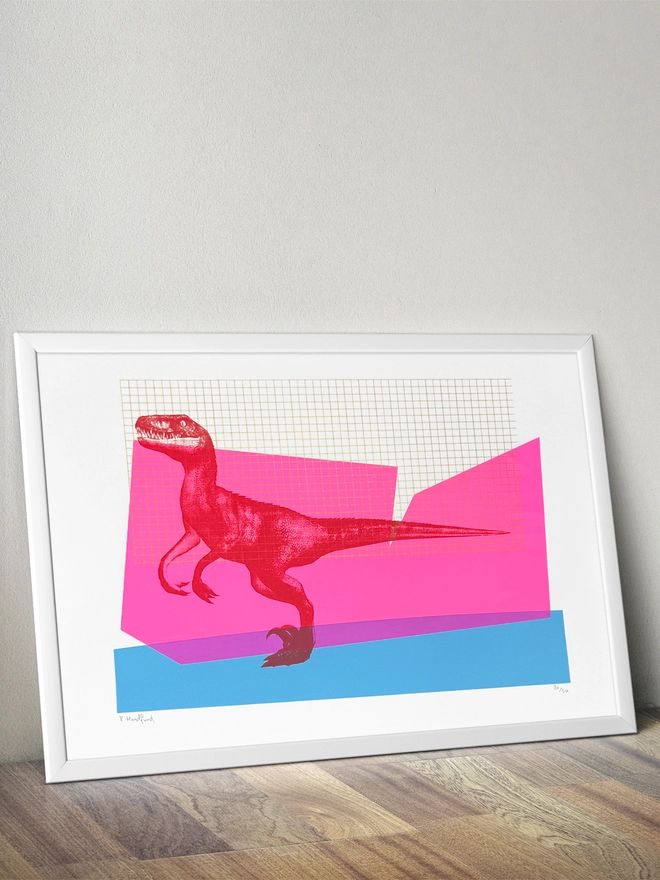 Rave Raptor_A3 Screen Printed Poster_Holly and Co_mock up in a frame