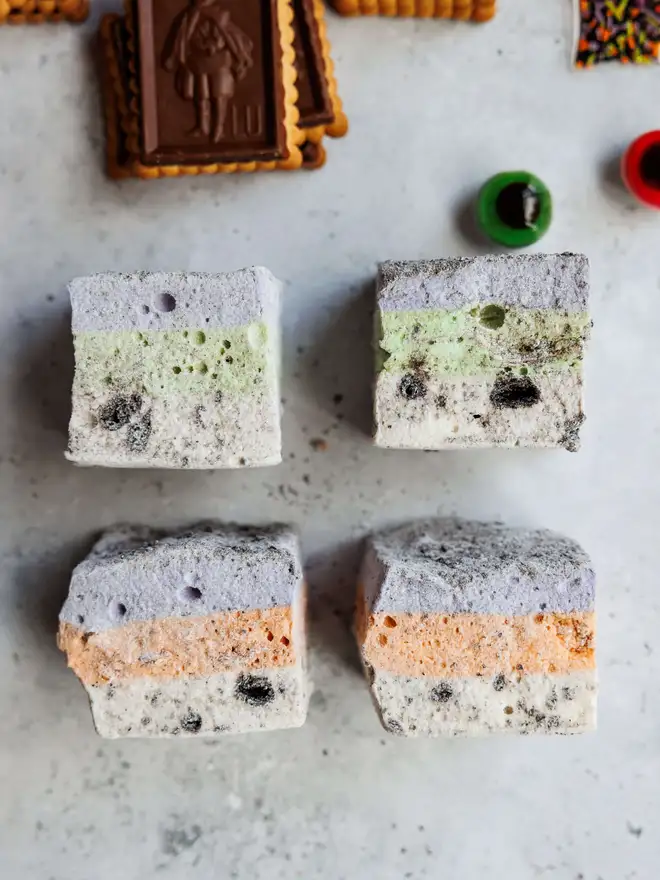 The Mallow Makers close up of Monster Marshmallows surrounded by chocolate biscuits and jelly eyeballs.