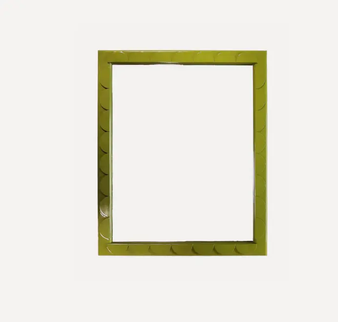 Scallop wood mirror with a scalloped wooden frame on a white background.