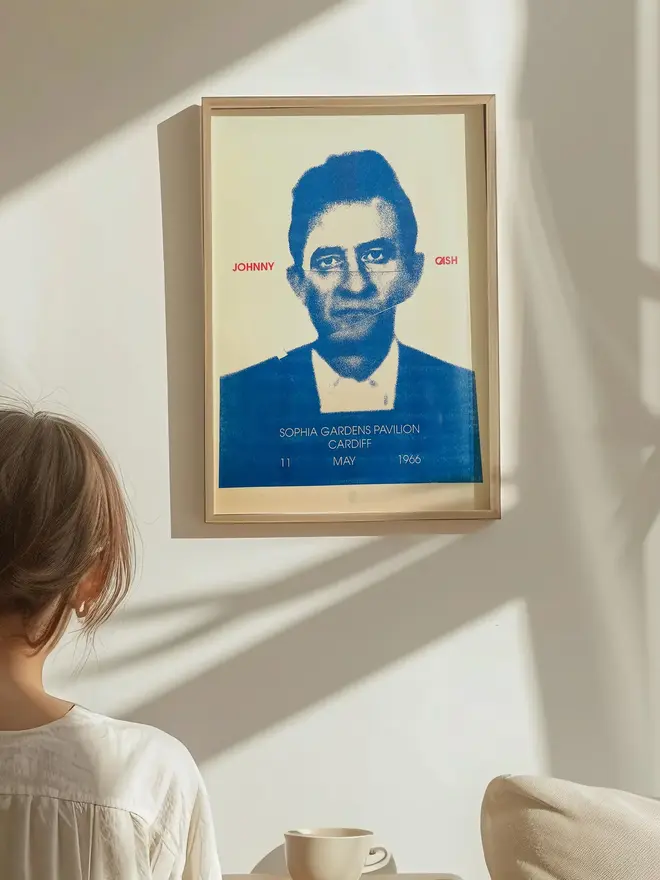 'Johnny Cash' Handmade Risograph Gig Poster, hanging on a white wall. 