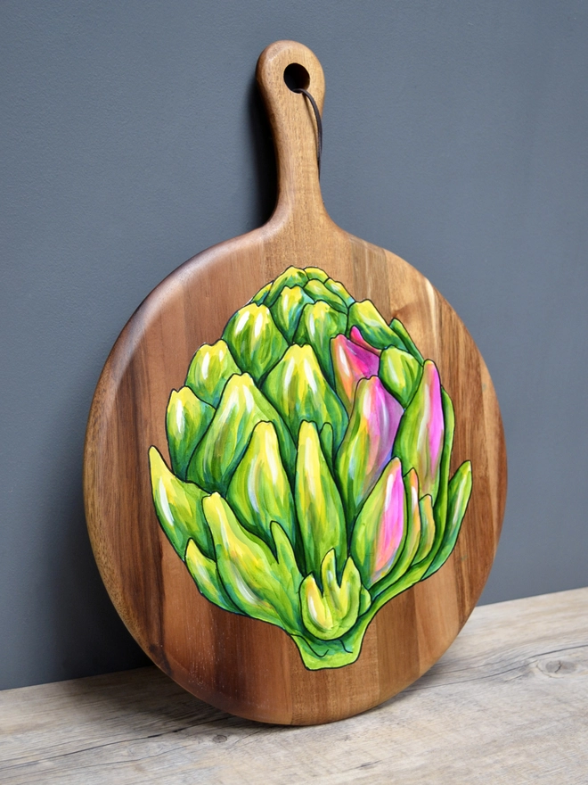 Wooden serving board with handpainted artichoke design