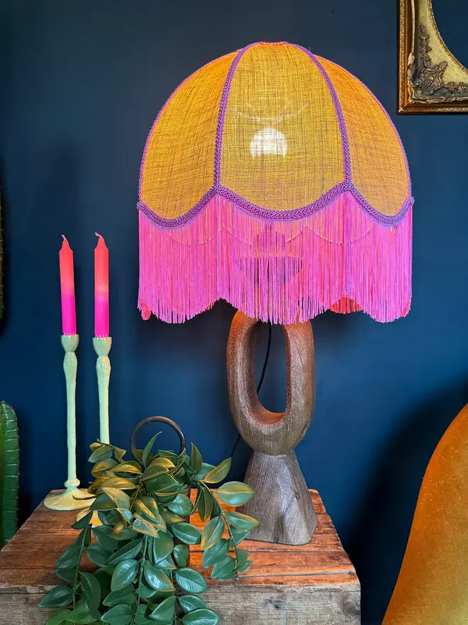 Fringed Dome Hessian Lampshade With Pink Trim
