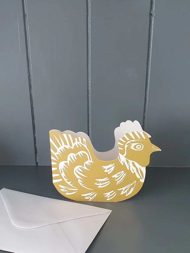 Golden green hen greeting card with envelope