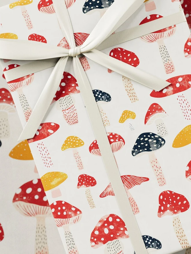Retro Mushrooms Block Print Wrapping Paper 