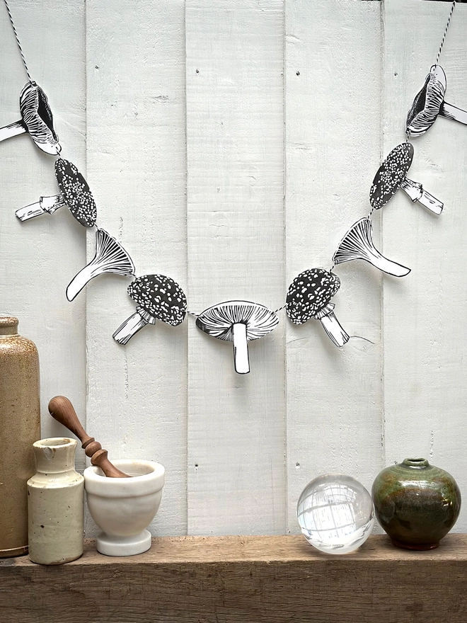 Enchanted Mushroom Garland Hand Printed Monochrome Bunting 