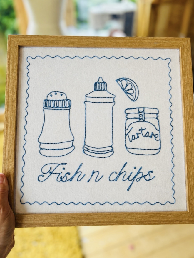 framed 'Fish N Chips' Embroidered Wall Art, a fish and chips themed artwork 