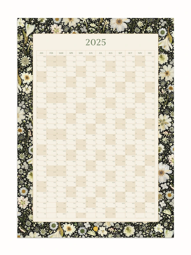 Pressed White Floral Annual Wall Calendar for 2025 – A botanical-inspired yearly planner with stunning pressed white flowers. Ideal for workspace decor, home offices, and studios. Great Christmas or birthday gift for planning and organising.