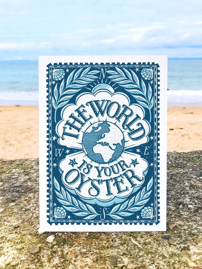 blue oyster card on a beach