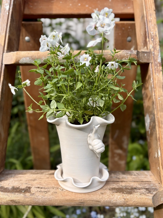 White frilly ceramic plant pot and saucer with hand sculpted snail 