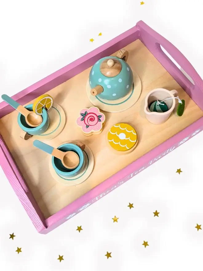 personalised wooden tea set. a personalised wooden tray and toy tea set