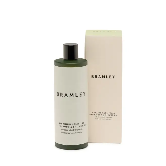 green bottle with white label that reads 'bramley' and black lid, next to white box that reads 'bramley'