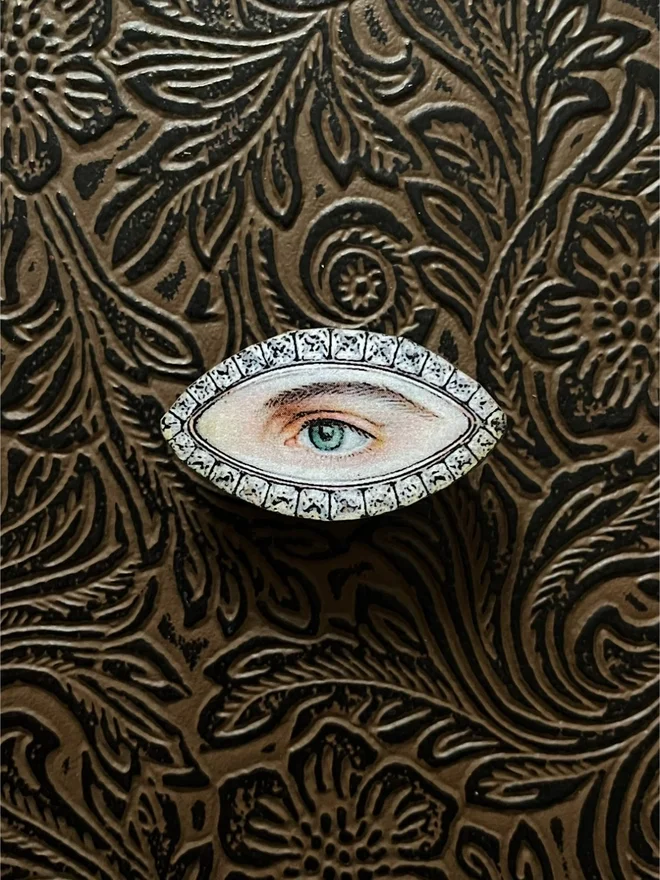 lovers eye brooch, the front is an illustration of a lovers eye with a snake like metal border, printed onto a wood brooch base, with a brass clasp at the back