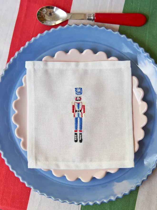 Embroidered Christmas nutcracker napkin