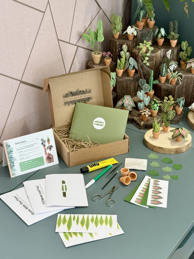 Kit laid out with finished paper plants displayed behind it