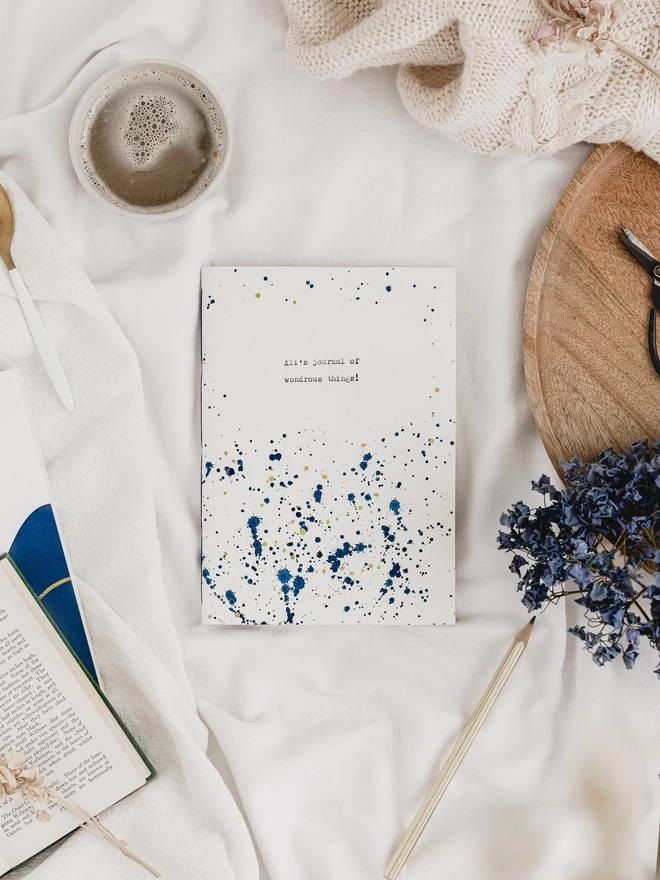 Blue and gold splatter design personalised notebook 