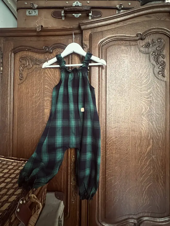 Upcycled kids dungarees green tartan