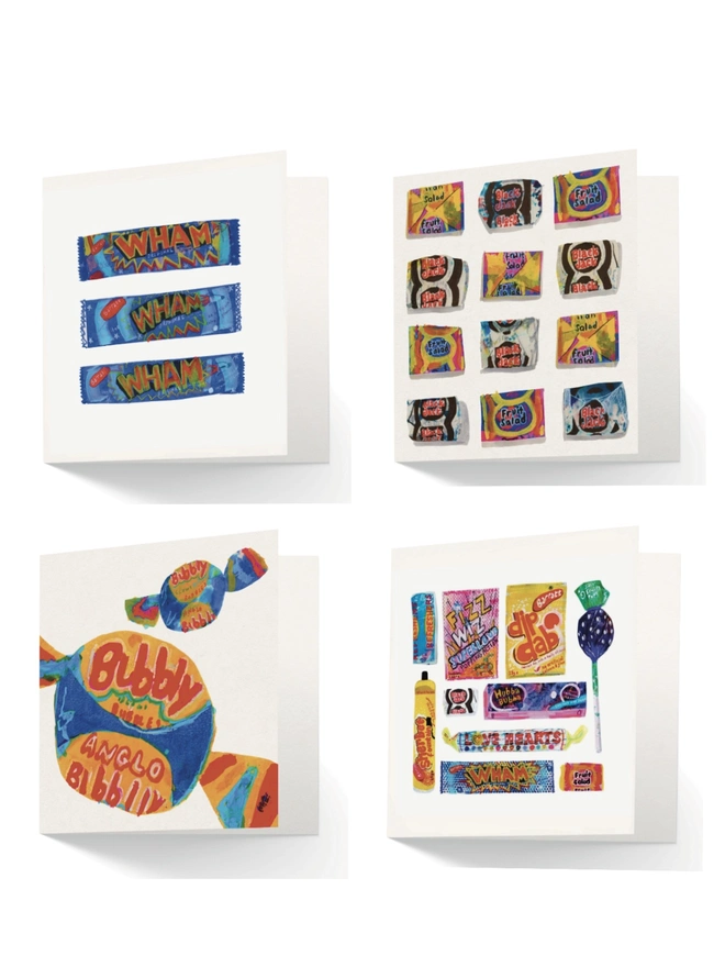 4 retro sweet cards, confection perfection, Fizz, pop, bang, Blowin’ big bubbles and After School Feast